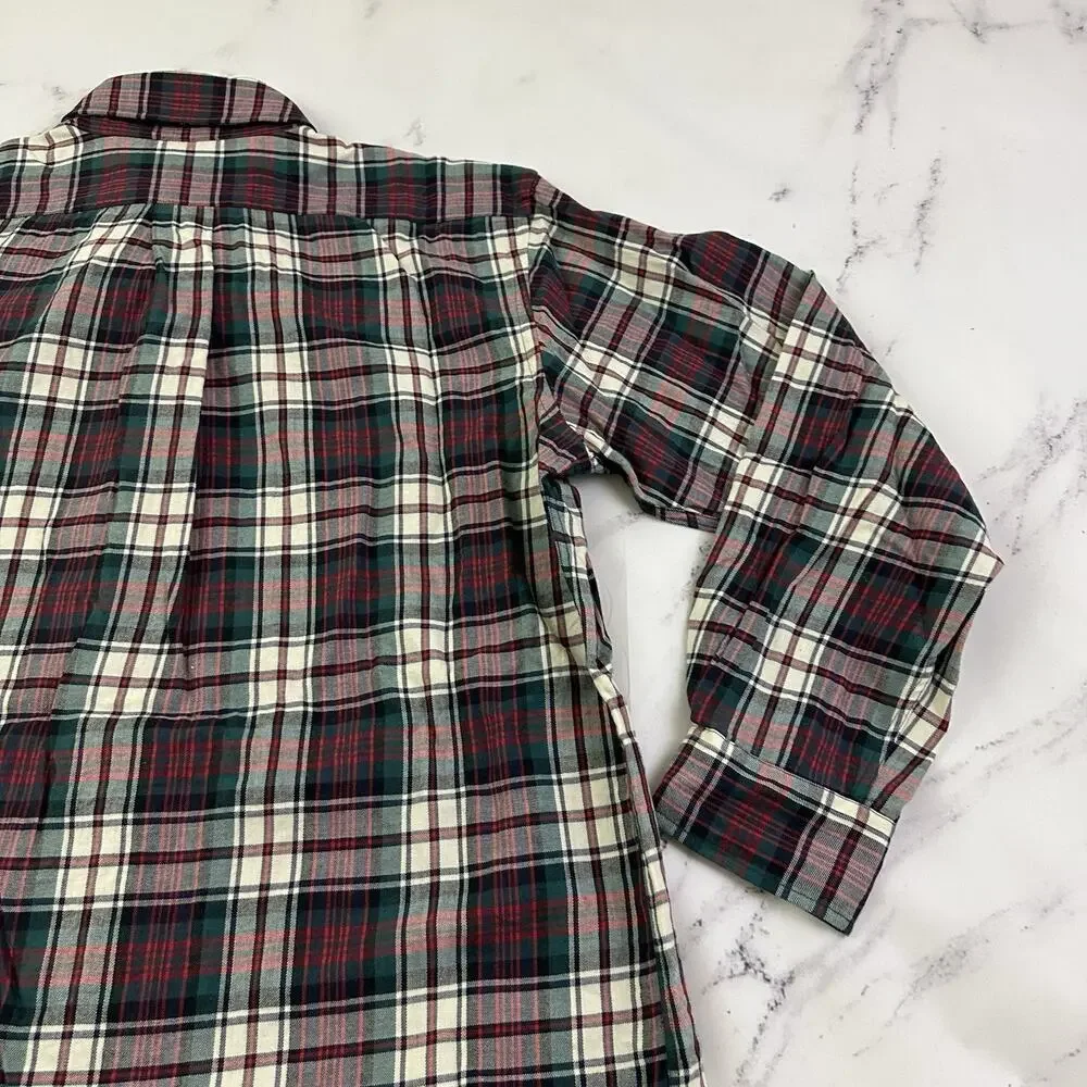 Lands End Mens Vintage 90s Plaid Shirt Size L Red Green Wool Cotton Blend - Picture 9 of 11